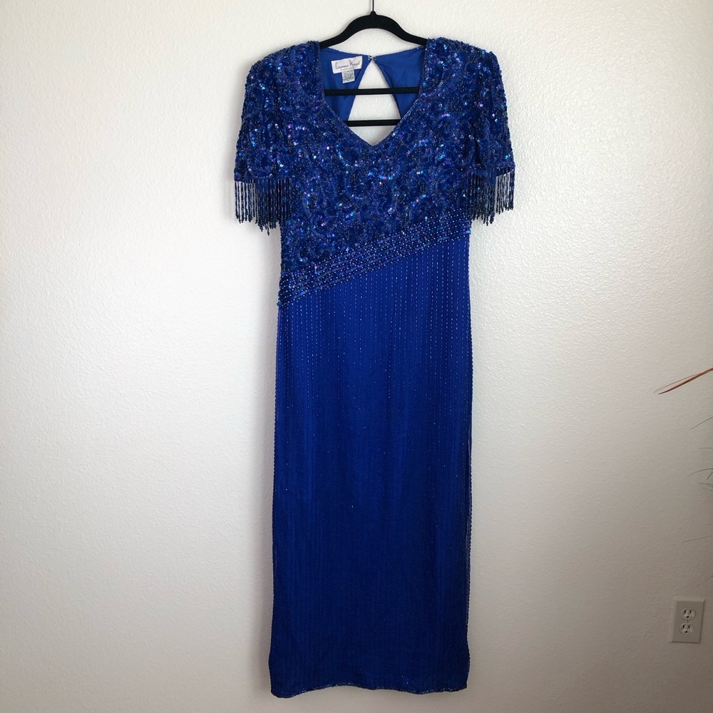 Lawrence Kazar 100% Silk Beaded Dress 1980s Vintage Tassel Gown Sequins Fringe